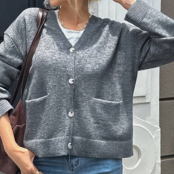 Shannel’s Closet Sweaters - Knit Solid V Neck Button Pockets Sweater